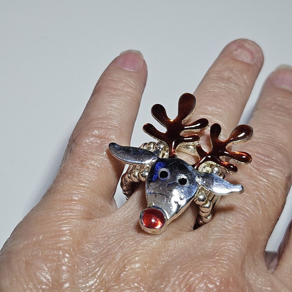 Silver Tone Brown Red Enamel Black Rhinestone Rudolph Stretch Ring - Picture 2 of 14
